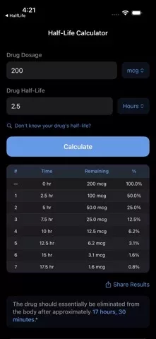 HalfLife Medication Calculator